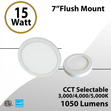 Flush Mount Light 7" 30/40/5000K 15W 1000Lm Damp Location (LED)