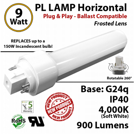 9W PL LED Lamp 900Lm 4000K Frosted Lens G24q IP40 UL Ballast compatible