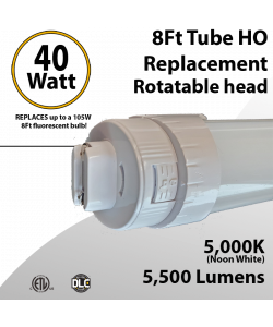 R17d LED 8Ft Tube Light Rotatable base 40 Watt 5500Lm 5000K IP40 Frosted Lens